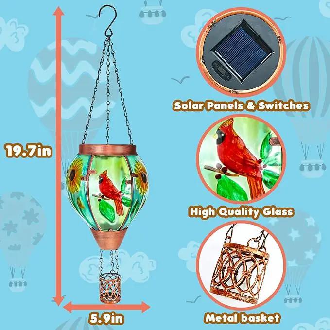 Solar Hot Air Balloon Lantern with Flame， Cardinal Glass Solar Hanging Lights Outdoor Yard Patio Farmhouse Decoration, Cardinal Gifts for Women Grandma Mom - Cardinal by GreenHaven Gardens