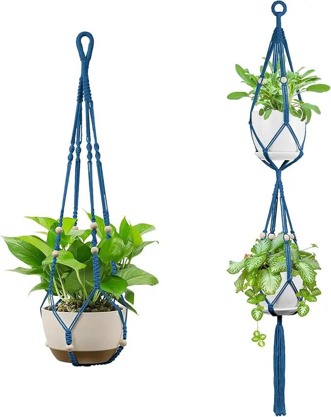 USLAI Macrame Plant Hanger Indoor Outdoor, Up to 4-15 inch Pot, Heavy 20lb Planters, Extra Long Strong Hanging Planter Basket Holder, Boho Home Decor, 35+49 Inch, Blue (POTS NOT Included) by GreenHaven Gardens