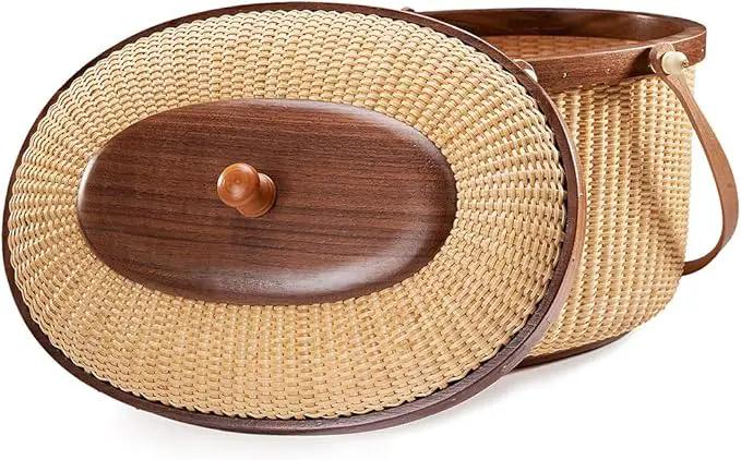 Nantucket Style Basket Picnic Basket Rattan Handmade Products Woven Sewing Storage Basket Two Swing Handles Tote Bag for Women by GreenHaven Gardens
