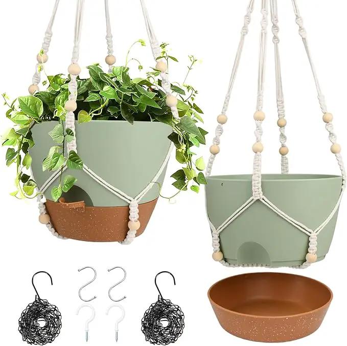 Hanging Planters for Indoor Outdoor Plants, 2 Pack Self Watering Hanging Pot with Drainage Holes, Removable Tray & 2 Kinds of Plant Hangers, 10'' Hanging Flower Pots for Home Garden Decor, Green by GreenHaven Gardens