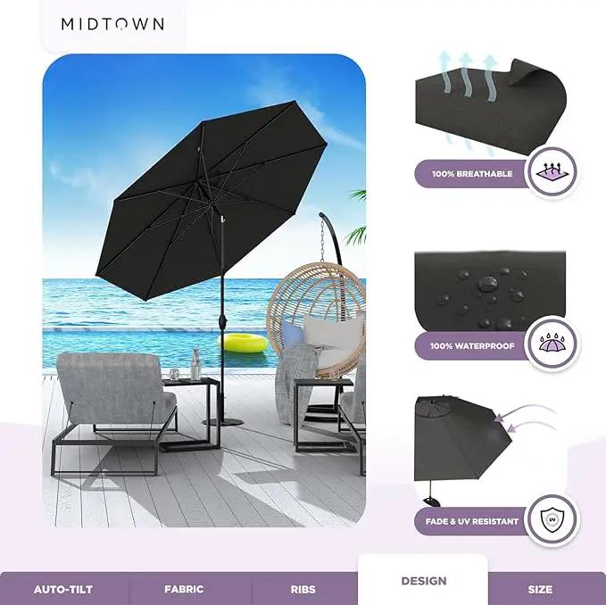 Midtown Umbrellas Sunbrella Umbrella 9 Feet Outdoor Umbrella With Black Acrylic Fabric - Auto-Tilt Aluminum Frame Patio Umbrella For Backyard, Deck, Garden, Pool - Black Pole by GreenHaven Gardens