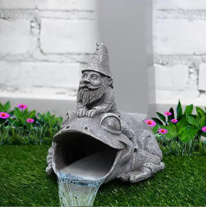 Gutter Downspout Extension - Downspout Splash Block - Downspout Diverter Garden Statue (Gutter in The Form of Funny Gnome on a Frog) by GreenHaven Gardens