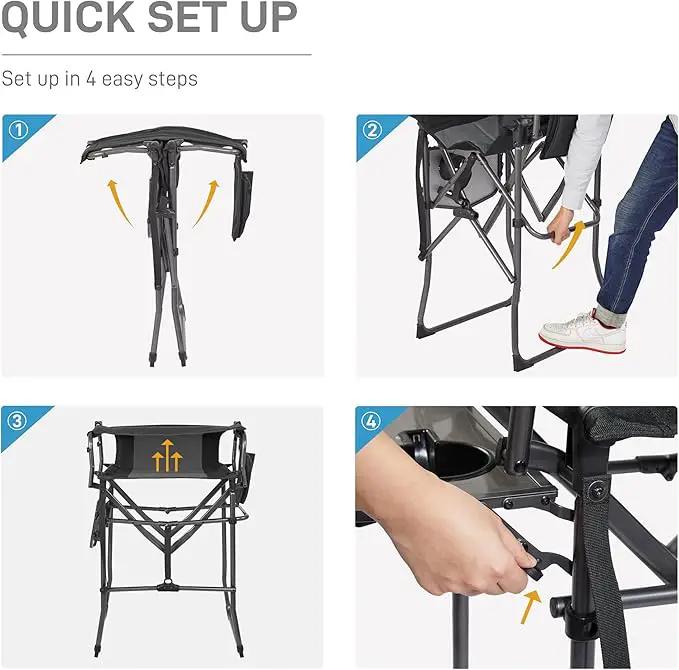 EVER ADVANCED Portable 30.7" Seat Height Tall Folding Camping Chair Directors Chair High Foldable Bar Stool with Side Table for Makeup Artist, Sports Event, Craft Show, Supports 350LBS Black Grey by GreenHaven Gardens
