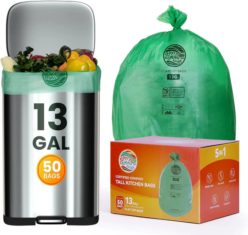 Trash bags 13+ gallon tall kitchen,Compostable Trash Lawn & Leaf Yard Waste Bags,Kitchen Compost Trash Bin Compatible,Extra Thick1.1 Mills,Certified by BPI and OK Compost(50count) by GreenHaven Gardens