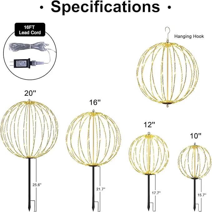 20IN Foldable Metal Frame Light Sphere - 200LED Hanging Tree and Pathway Light with Hook and Stake, UL Listed, White Frame, Warm White by GreenHaven Gardens