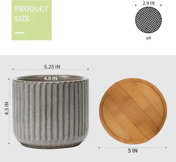 5.25 Inch Ceramic Plant Pots with Drainage Holes and Trays, Vertical Stripes Planter Pot with Saucers for Indoor Flowers, Succulent, Snake Plants, Cactus & Herbs, Grey-Green, Set of 4 by GreenHaven Gardens