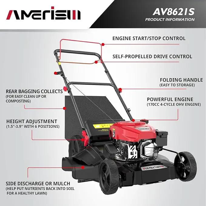 Self Propelled Gas Lawn Mower, 21" with 170cc 4-Cycle OHV Engine 3-in-1 RWD Self-Propelled Lawn Mower (AV8621S1) by GreenHaven Gardens