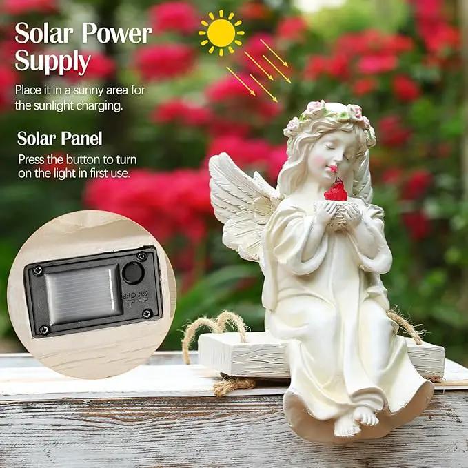 Angel Garden Statue,Fairy Solar Garden Decor with Warm Light,Waterproof Angel Statue with Swing & Holding Bird,Outdoor Garden Decor for Lawn Yard Patio Windowsill Garden Gifts, Apricot by GreenHaven Gardens