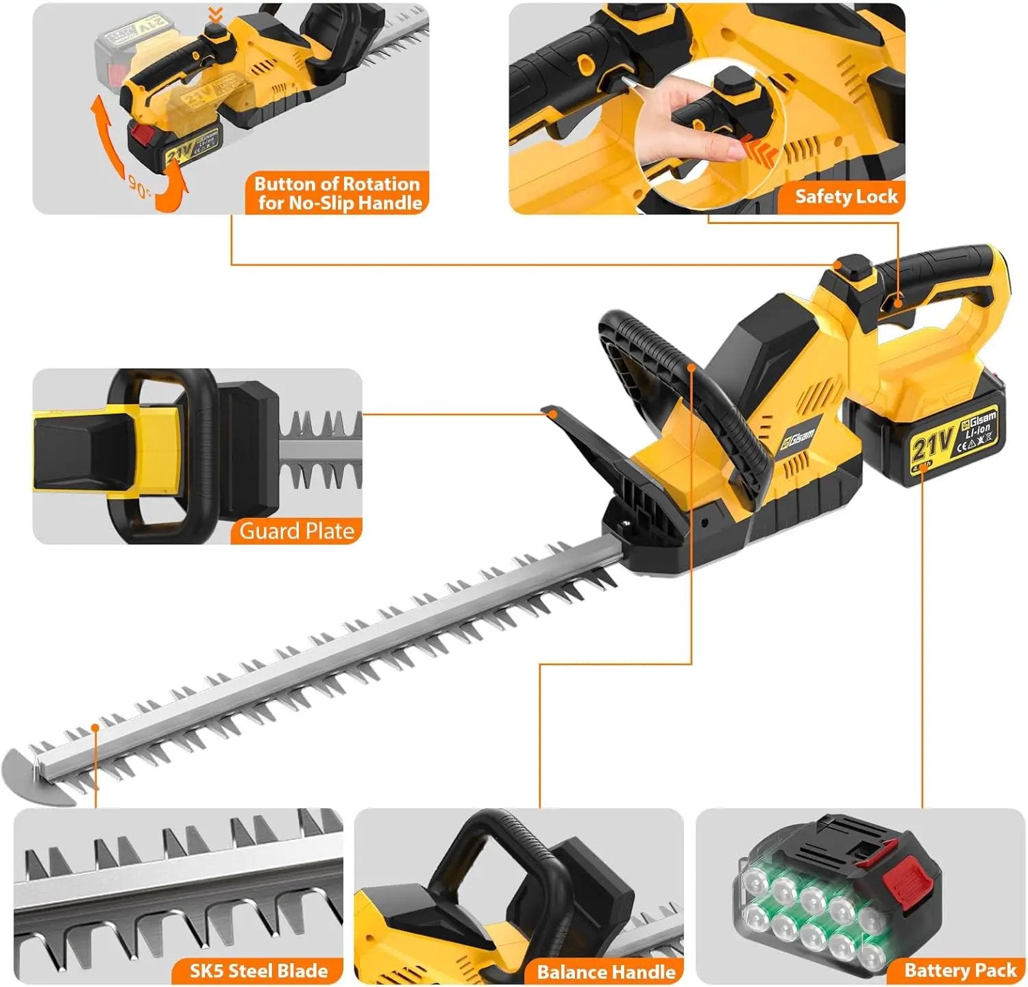 22''Hedge Trimmer Cordless,21V Electric Handheld Bush Clipper with 2 Pack 4000mAh Rechargeable Batteries,3200RPM 180°Rotatable Head,3/4''Blade Gap,Lightweight & Compact Trimmer by GreenHaven Gardens
