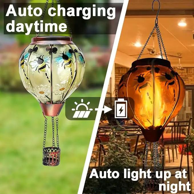 2PC Hot Air Balloon Solar Lantern with 2PC Shepherd Hook, Flickering Flame Hanging Solar Lanterns Outdoor Lights Waterproof Lanterns Decorative Garden Patio Yard Party Decor (Bees) by GreenHaven Gardens