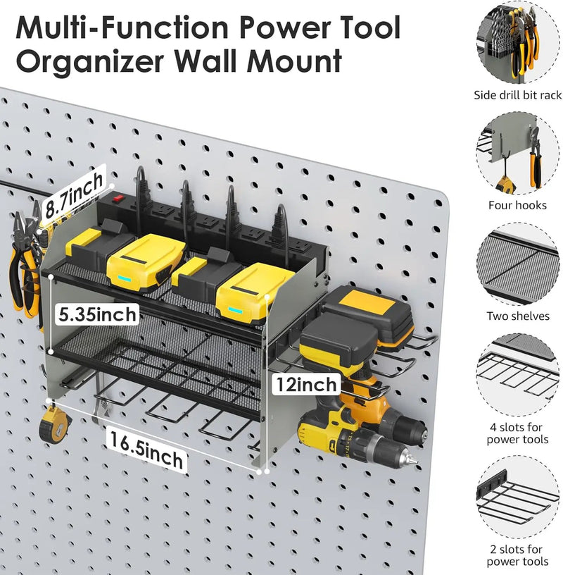CCCEI Modular Power Tool Organizer Wall Mount Charging Station, Grey 6 Drills Holder with 8 Plug Power Strip 10FT, Garage Drill Battery Heavy Duty Metal Shelf, Utility Rack with Hooks, Side Storage. by GreenHaven Gardens