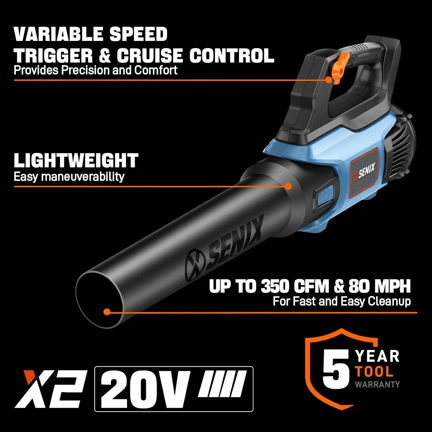 SENIX 20V Max Leaf Blower, Cordless, Brushless, Handheld, Up to 350 CFM and 80 MPH, 2 Speed Mode, Cruise Control, Lightweight, Tool Only, Battery and Charger Not Included(BLAX2-M-0) by GreenHaven Gardens