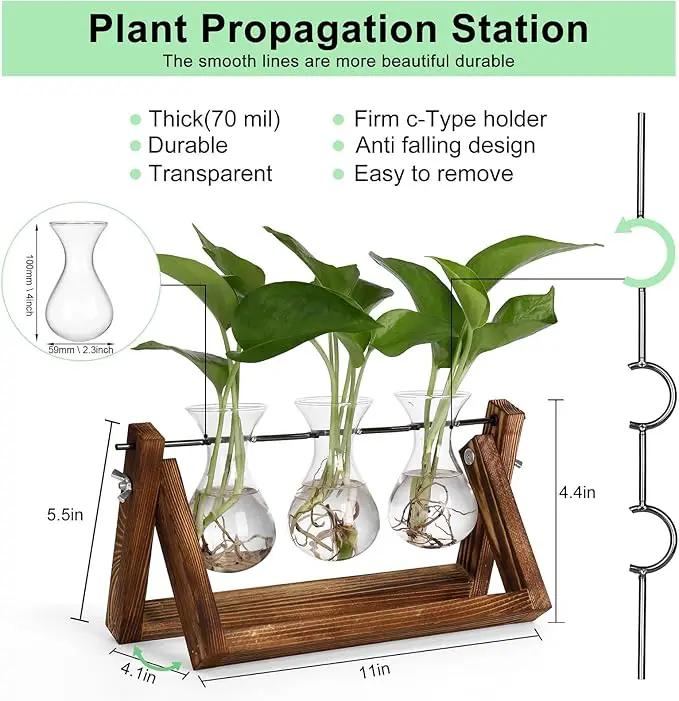 YIBOT Propagation Stations,Plant Terrarium with Retro Wooden Stand, Unique Gardening Birthday Gifts for Women Plant Lovers, Hydroponics Plants Home Office Garden Decor - 3 Bulb Glass Vases by GreenHaven Gardens