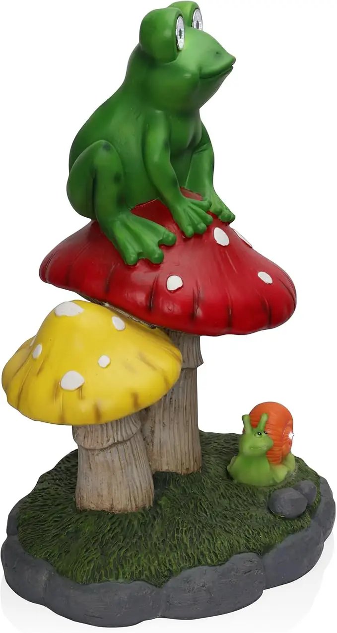 Alpine Corporation ZEN390SLR-L Frog on Mushroom Statue with LED Lights, Solar-Powered LED Frog Garden Statue, 24" H, Green by GreenHaven Gardens