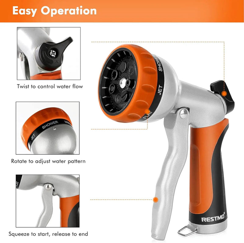 RESTMO Garden Hose Nozzle, Heavy Duty Metal Water Hose Nozzle with 7 Adjustable Spray Patterns, High Pressure Hand Sprayer with Flow Control, Best for Watering Plant & Lawn, Washing Car & Pet, Orange by GreenHaven Gardens