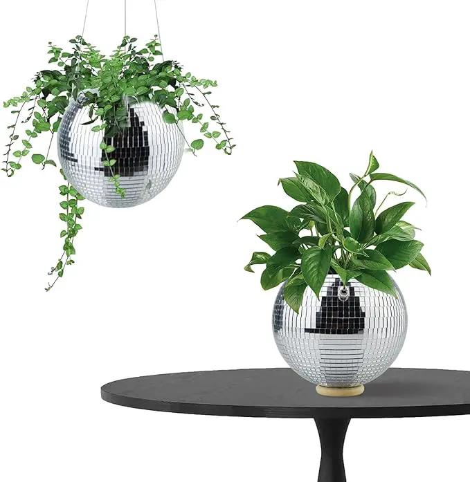 6inch Disco Ball Hanging Plant Pots,Plant Disco Ball Silver Mirror Disco Planter with Chain Hook for Indoor Outdoor Decor and Wooden Stand for Desk,Self Watering Insert Pots, Boho Disco Ball Planter by GreenHaven Gardens