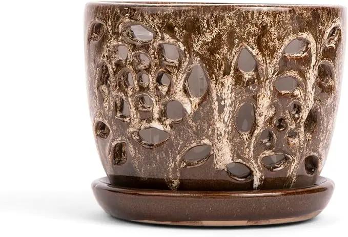 rePotme Orchid Pot - 5 inch Floral Cutout Ceramic Orchid Pot with Holes (Creamy Chestnut) - Includes 5 inch Slotted Pot Liner by GreenHaven Gardens