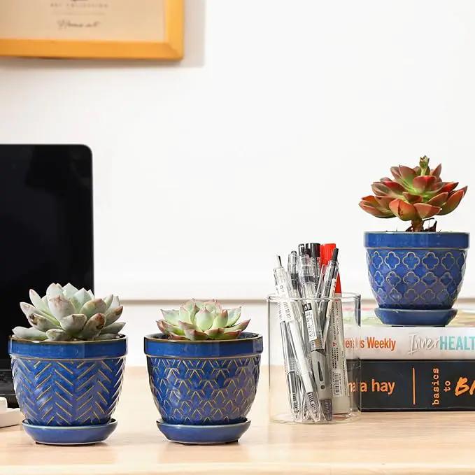 Sureasy Succulent Pots, 3.5 Inch Flower Pots for Indoor Plants, Small Plant Pots with Saucer & Drainage, Decorative Ceramic Planters for Succulent, Cactus, Set of 4, Blue by GreenHaven Gardens