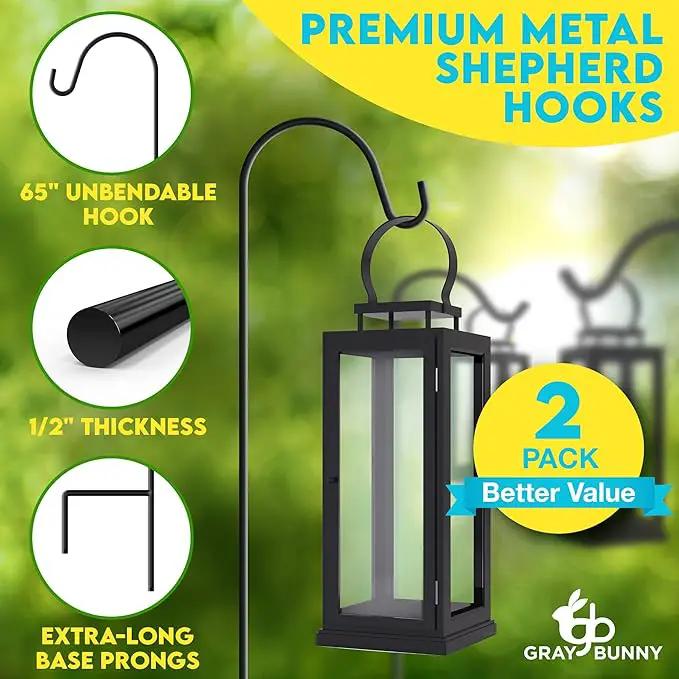 Gray Bunny 65" Shepherds Hooks for Outdoor 2 Pack, Thick Bird Feeder Pole, Hanging Plant Stand, Shepherds Hook for Bird Feeder, Non-Hollow, Non-Adjustable, Extra Long Base Prongs by GreenHaven Gardens