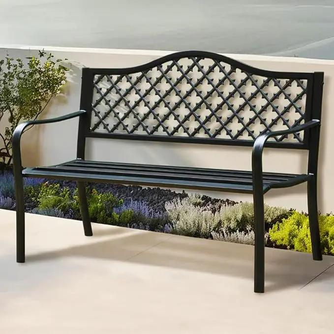 PHI VILLA 50" Outdoor Garden Patio Metal Bench for Outdoors with Plastic Backrest Armrests Sturdy Steel Frame, Black by GreenHaven Gardens