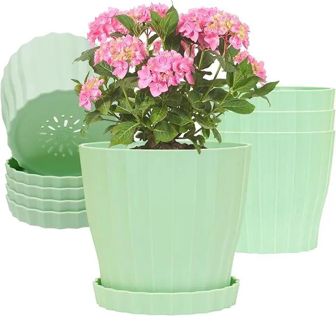 5 Pack Flower Pots for Indoor Plants, 6 inch Plant Pots Outdoor Planters for Porch Garden Office Home Decorative Holiday with Drainage Holes and Saucers, Plastic Planter Nursery Pots Green by GreenHaven Gardens