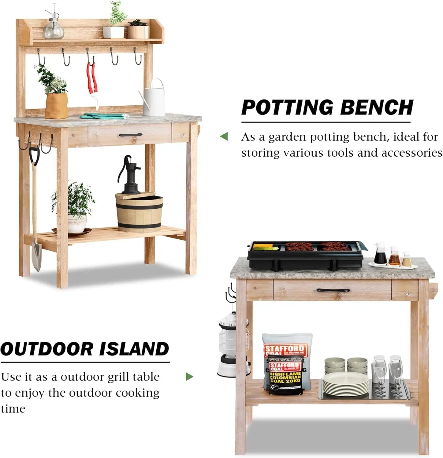 Outdoor Potting Bench Table with Metal Tabletop, Planting Table Potting Work Station with Storage Drawer and Removable Shelf Rack, Garden Potting Table for Outdoors by GreenHaven Gardens