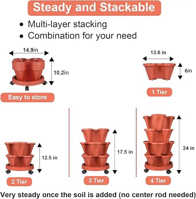 Vertical Planter 4 Tier Stackable Planters Garden Planters Strawberry Herb Flower and Vegetable Planter Indoor Outdoor Gardening Pots with Removable Wheels and Tools 2-Pack by GreenHaven Gardens