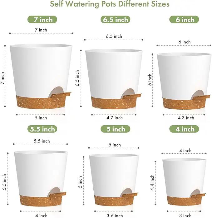 7/6.5/6/5.5/5/4 inch Self Watering Pots for Indoor Outdoor Plants, 6 Pack Plastic Flower Planters with Drainage Holes and Removable Saucers, Plant Pots with Wicking Rope, White Brown by GreenHaven Gardens