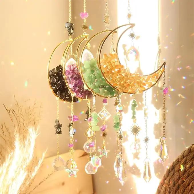 Crystal Suncatcher Hanging Moon Sun Light Catcher with Glass Prisms for Window Natural Green Quartz Decor Home Indoor Making Rainbows by GreenHaven Gardens