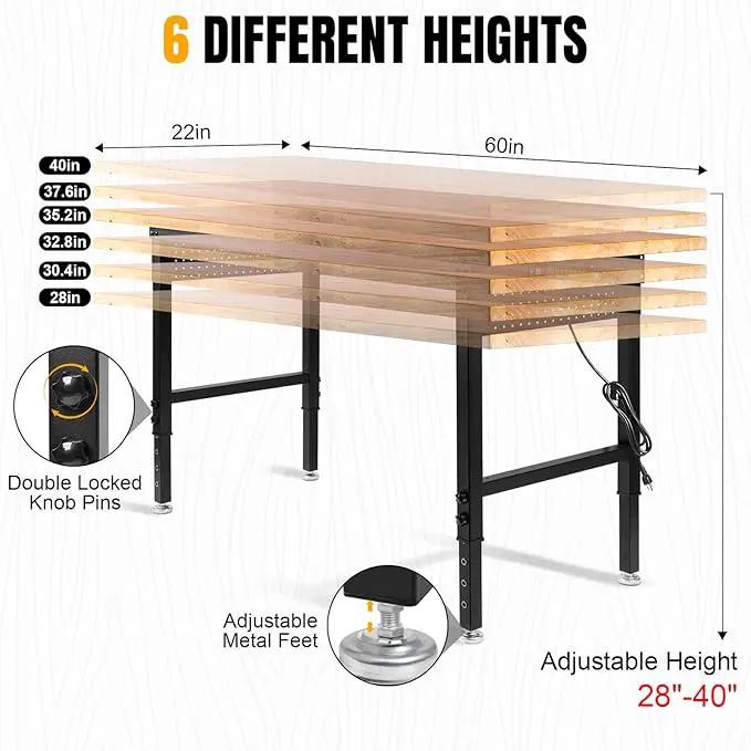 Height Adjustable Workbench Heavy Duty Work Table 2000 LBS Load Capacity 60”×22” Rubber Wood Work Station with Power Outlet & Pegboard for Garage, Workshop, Office,Party Shop, Home by GreenHaven Gardens