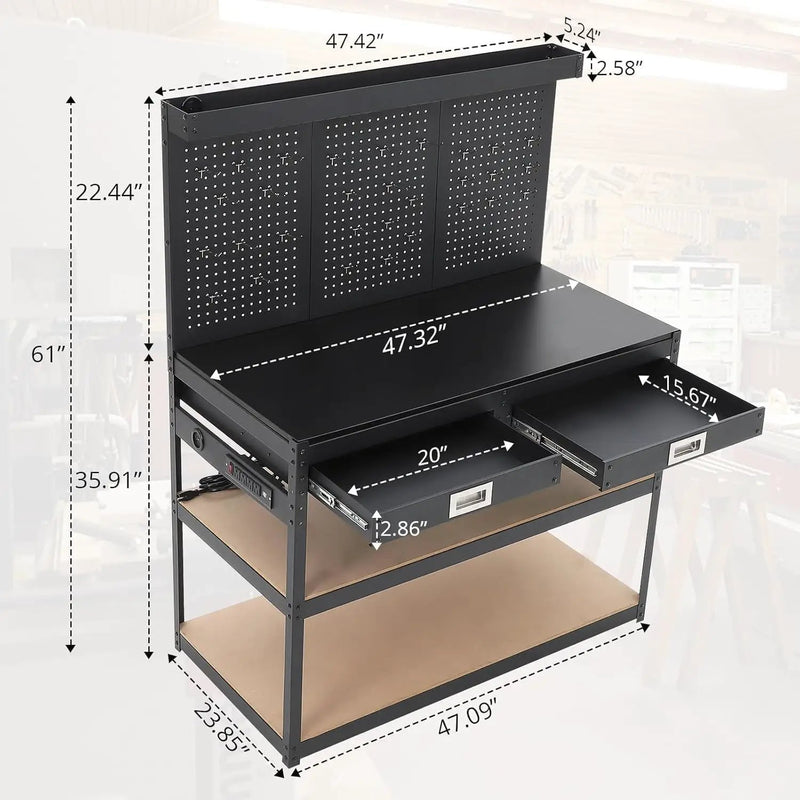 48'' 3-Tier Adjustable Workbench, Heavy Duty Workbench with Drawer and Backplate, 2000 LBS Capacity Work Table, Suitable for Office, Garage, Workshop by GreenHaven Gardens