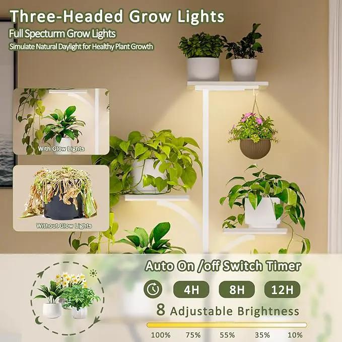 Plant Stand Indoor with Grow Lights, 60" Tall 7-Tier Metal Plant Stand with Wheels & Tree-Shaped Design for Indoor Plants, Flower Holder Display Rack for Home, Patio - White by GreenHaven Gardens