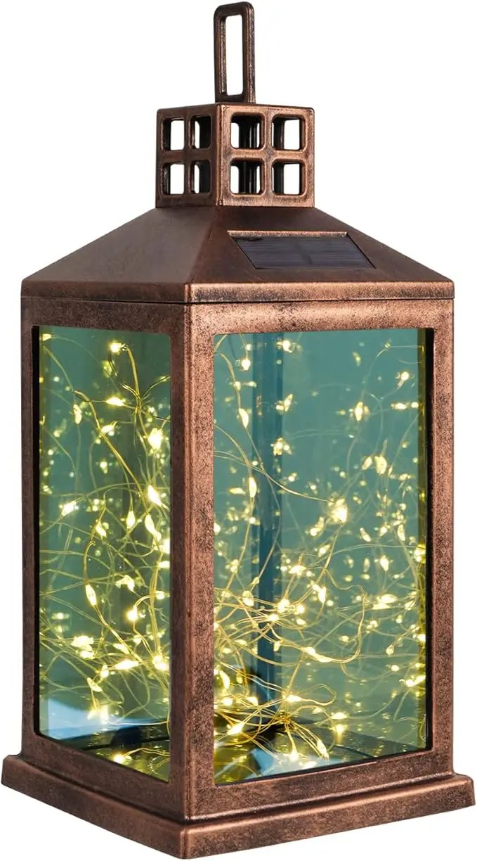 Solar Lantern Outdoor, Garden Hanging Lantern Solar Powered - Glass Waterproof Brushed Copper Solar Table Lantern Decorative Lights Flash and Steady-on Modes for Patio, Backyard, Garden by GreenHaven Gardens
