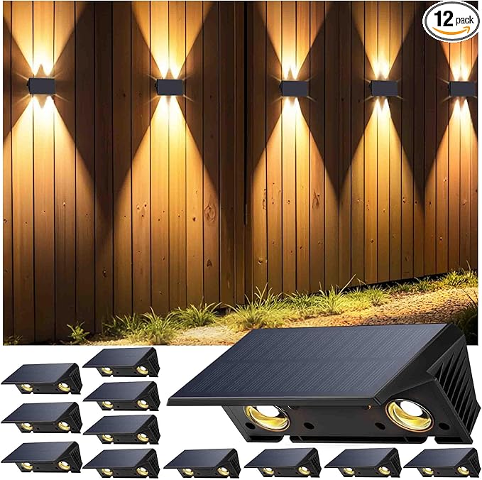 Fence Lights Solar Powered, 12-Pack Solar Fence Lights Up/Down Flexible Buttons, IP67 Waterproof for Outdoor, 120LM Bright, Auto Dusk to Dawn for Wall/Stairs/Yard/Railing/Deck/Pathway (Warm White) by GreenHaven Gardens