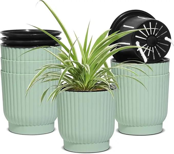 T4U 4.5 Inch Self Watering Pots for Indoor Plants, 6 Pack Green Plastic Flower Pots for All House Plants, Flowers, African Violets by GreenHaven Gardens