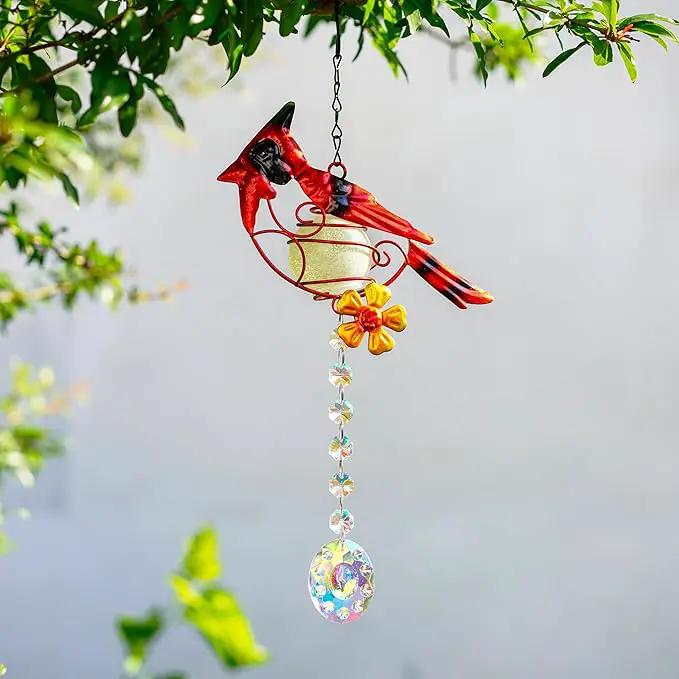 13inch Stained Metal Cardinal Birds Sun Catcher Decorative Window Hanging Ornament Crystals Prism Suncathers Red Bird for Home Garden Decor by GreenHaven Gardens