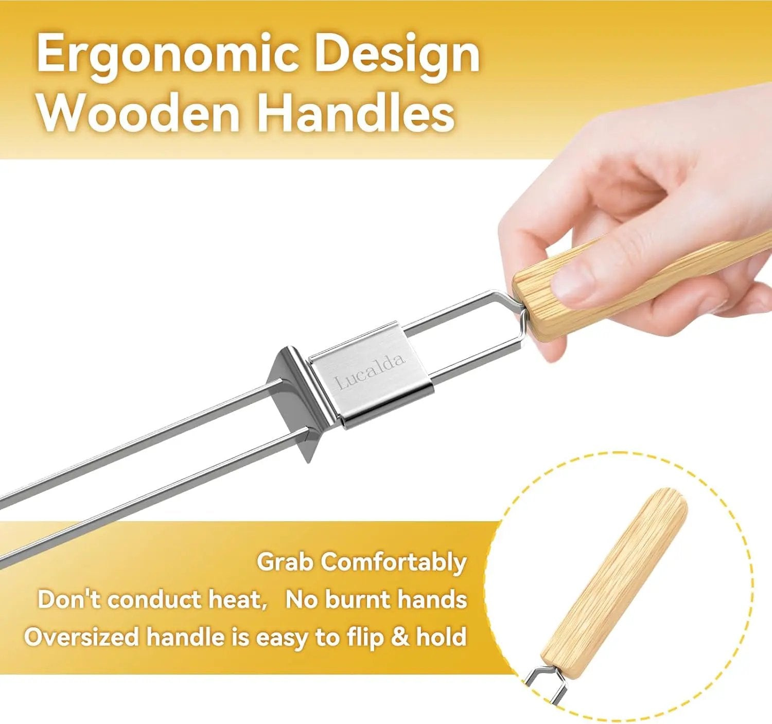 Skewers for Grilling, 17" (10 Pcs) Wooden Handle Double Pronged Stainless Steel Flat Kabob Skewers with Push Bar, Reusable Long Metal Skewer Sticks for Meat Chicken Vegetable, BBQ Accessories by GreenHaven Gardens