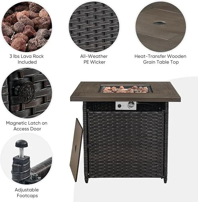 5 Pieces Patio Wicker Furniture Set - 4 Outdoor Swivel Rocker Glider Chairs with Propane Fire Pit Table, Warm Patio Conversation Set Grey Cushion Perfect for Casual Gathering by GreenHaven Gardens