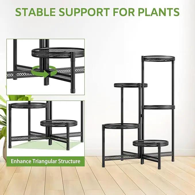 iDavosic.ly 5 Tier Large Plant Stand Indoor with 10-Inch Wide Drainage Tray, Tiered Corner Metal Outdoor Flower Display Holder Shelf, Folding Tall Rack for Patio Porch Balcony, Black Iron Carving by GreenHaven Gardens