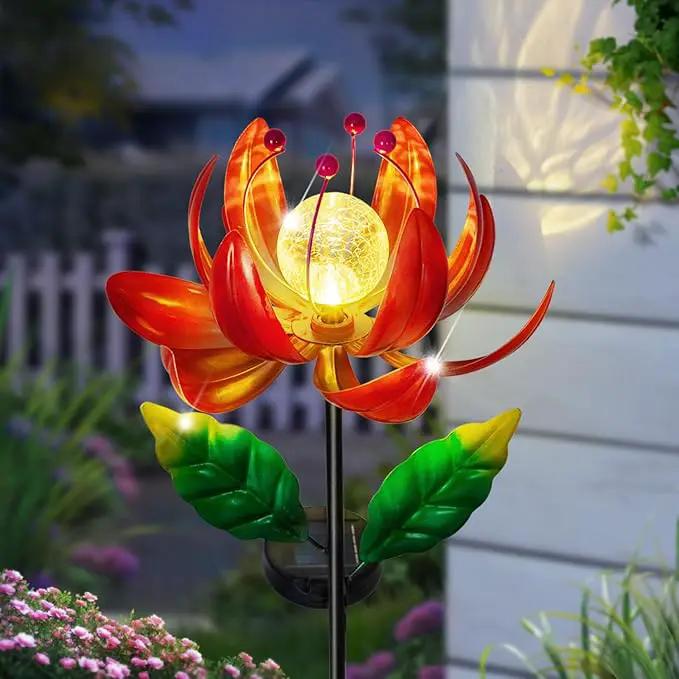 Solar Lights Outdoor Wind Spinners, Metal Lotus Flower Garden Decor with Waterproof LED Crackle Glass Globe for Patio Lawn Yard Outdoor Decor by GreenHaven Gardens