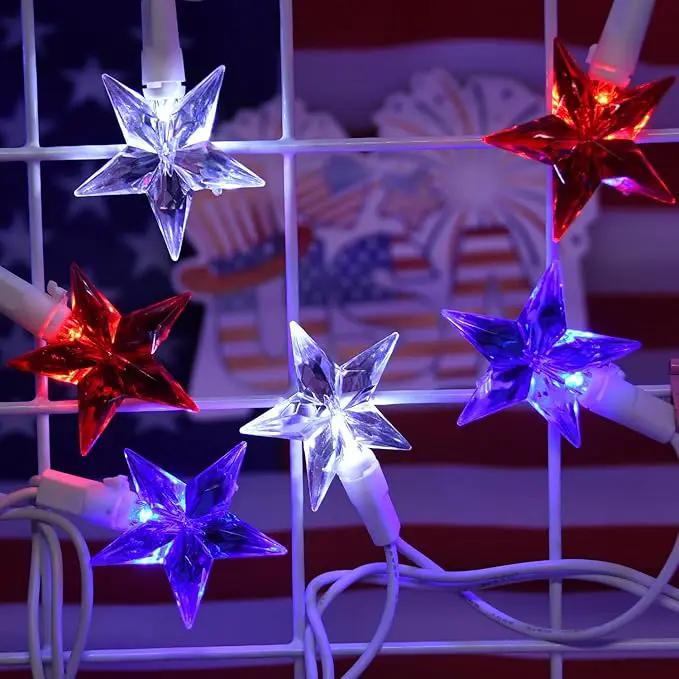 50 LED Red White and Blue Star Lights, 18.5FT 4th of July Lights Plug in, Patriotic Decorations Outdoor Star String Light for Home Patio Porch Garden Memorial Day Independence Day Decor, White Wire by GreenHaven Gardens