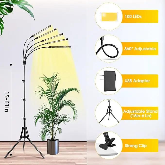 wolezek Grow Lights for Indoor Plants Full Spectrum, LED Grow Light with Adjustable Stand and Sturdy Clip, 5-Heads Plant Grow Lights Indoor with Auto 6/12/16H Timer, 3 Light Modes, 5 Levels Dimmable by GreenHaven Gardens