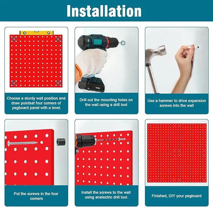 4 Pack Steel Peg Board,Universal 1/8 and 1/4 Pegboard Accessories,Ideal for Garage Tool Storage, Office Organization, Craft Room, Kitchen etc. (Red, 4-12X12)
