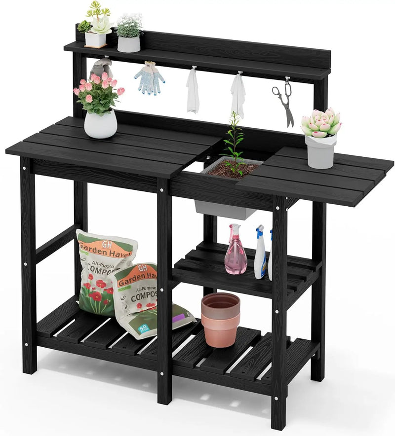 SERWALL Outdoor Potting Bench Potting Table with Sink, HDPE Potting Benches with Storage for Outside Gardening Table All Weather Use- Black by GreenHaven Gardens