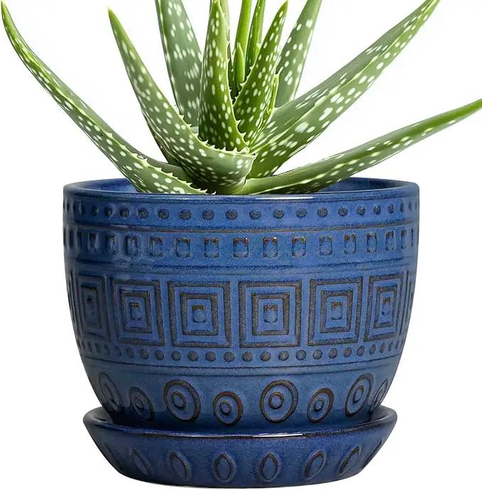 G EPGardening Plant Pots Indoor 5 Inch - Ceramic Pot for Plants with Drainage Hole and Saucer Round Planter Outdoor Modern Flower Pot Home Office Decor Blue by GreenHaven Gardens
