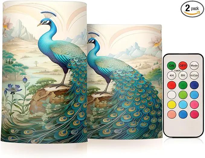 Flickering Flameless Candles, Peacock Garden LED Candles with Remote Timer, Set of 2 Battery Operated Candle for Valentine Wedding Birthday by GreenHaven Gardens