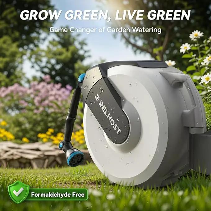 Retractable Garden Hose Reel 65 ft x 5/8 in, Heavy Duty Hose Reel Wall Mount with Any Length Lock, Auto Rewind System, 180° Swivel Bracket, 10-Pattern Garden Hose Nozzle, White & Grey by GreenHaven Gardens
