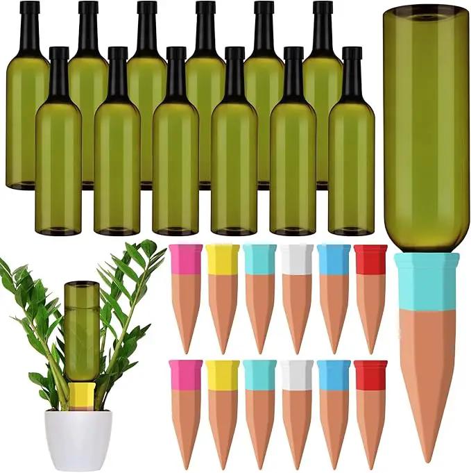 12 Set Plant Watering Devices Include Terracotta Self Watering Spikes and 26 oz Plastic Bottles, Slow Release Vacation Insert Automatic Plant Waterer Device (Green and Mixed Color) by GreenHaven Gardens