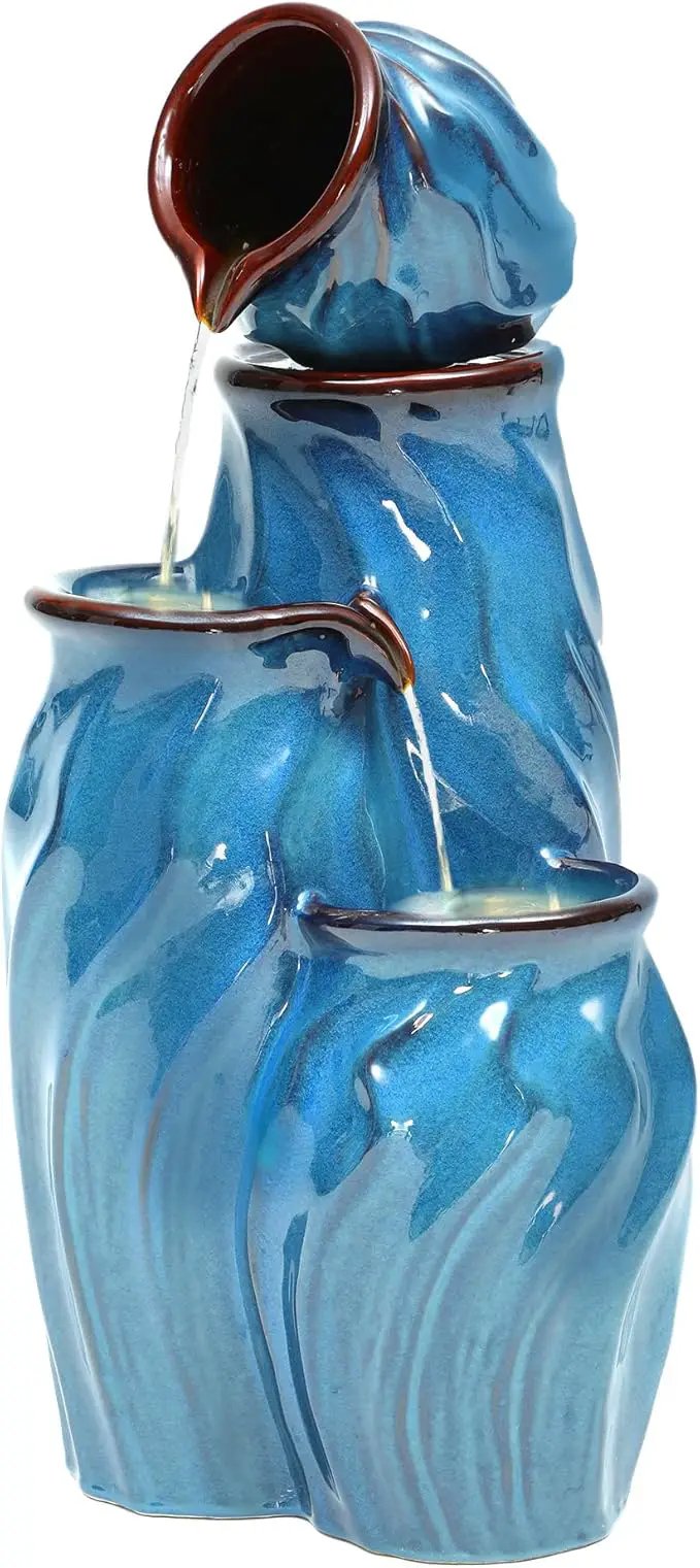29" Tall Ceramic Outdoor Water Fountain with LED Lights, 4-Tier Cascading Jars Water Feature, Tranquil Waterfall for Relaxing Garden, Patio, Yard, or Porch, Turquoise, Dynamic Wave-Texture by GreenHaven Gardens