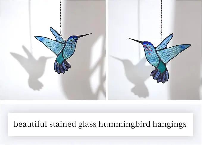 Lolitarcrafts Stained Glass Hummingbird Window Hangings with Flowers, Bird Stained Glass Suncatcher for Window Decor Hummingbird Gifts for Mom,Bird Lovers (Blue A) by GreenHaven Gardens